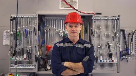 Portrait-of-a-car-mechanic-in-a-car-workshop-in-helmet-with-equipment-on-the-background