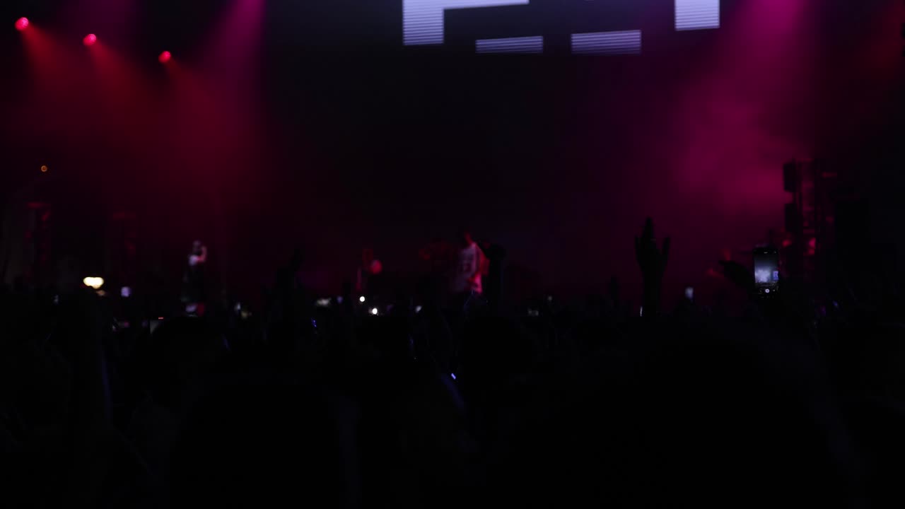 Concerto notturno con l'entusiasmante performance di un DJ davanti ai fan della musica, con luci scintillanti