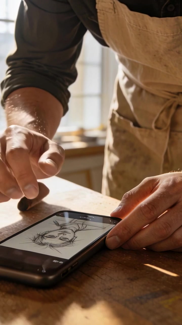 Vertical video: Placing tablet, artist tapping screen on studio bench, refining sketch in apron