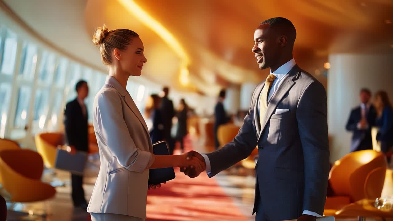 A professional handshake captures a moment of connection and collaboration between two individuals in an elegant modern setting, emphasizing the importance of networking and relationships