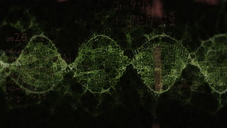 Animation-of-mathematical-equations-over-dna-strand-on-black-background