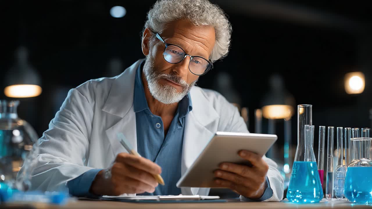 A distinguished scientist in a lab meticulously recording observations while surrounded by various chemical apparatus and vibrant blue solutions, showcasing the essence of scientific inquiry