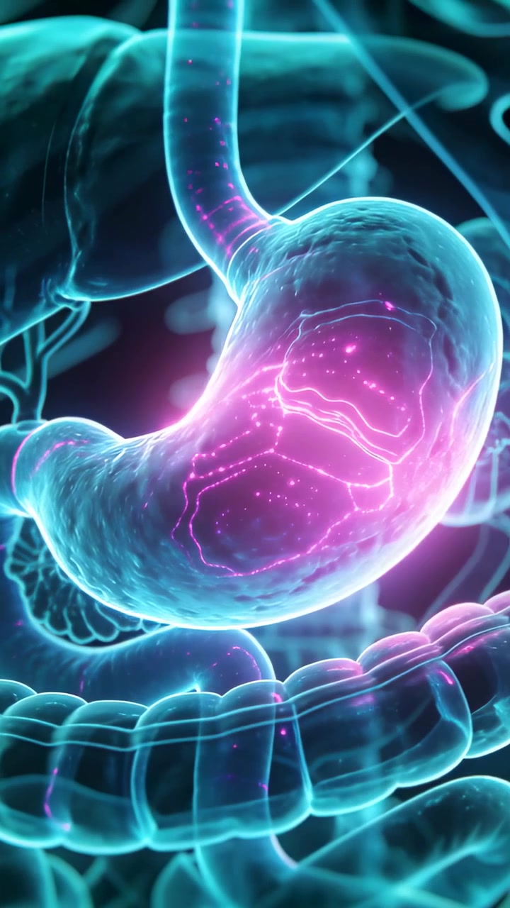 Video verticale: Stomaco pulsante color verde acqua che reagisce allo zoom della telecamera in un addome 3D, con anse intestinali.