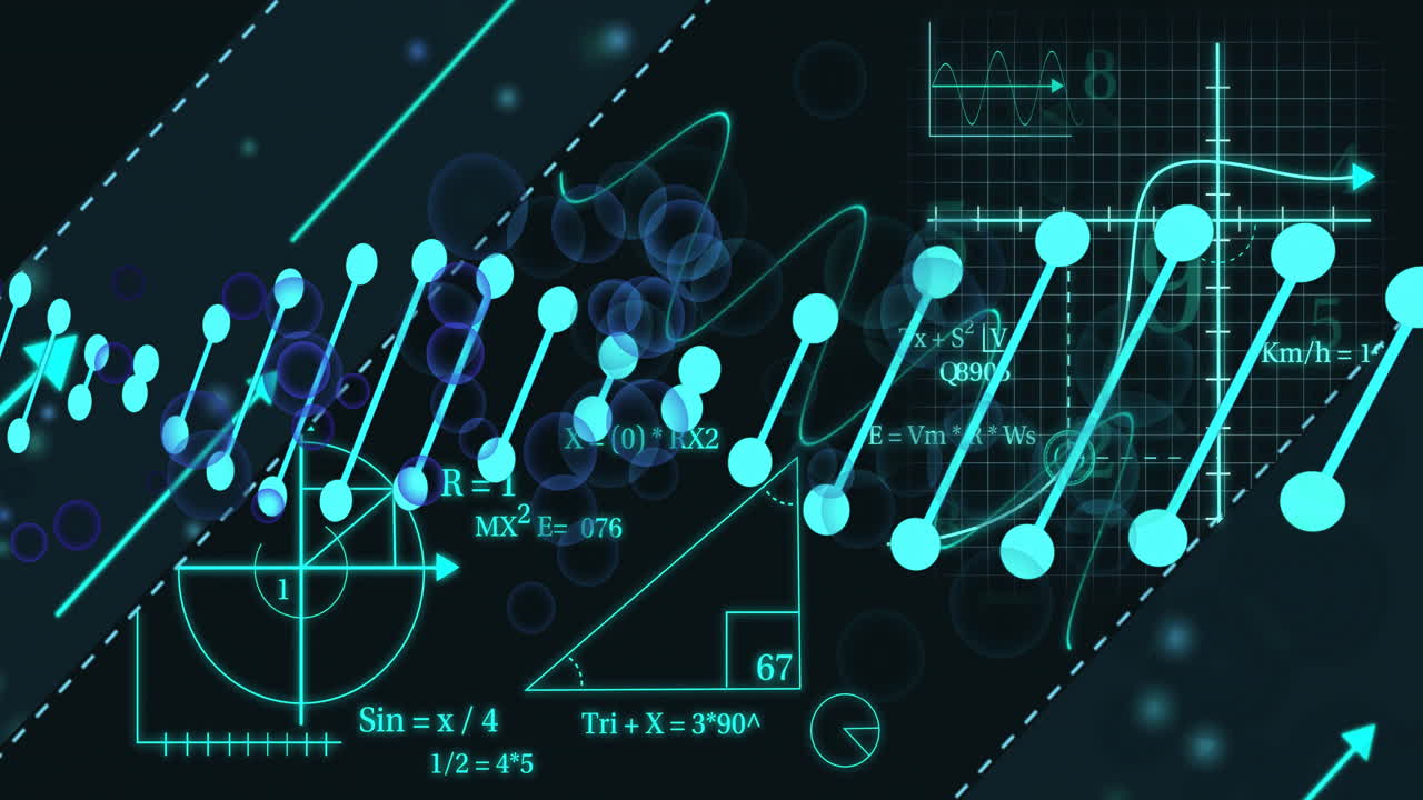 ecuaciones matemáticas y gráficos sobre animación abstracta de puntos y líneas conectados