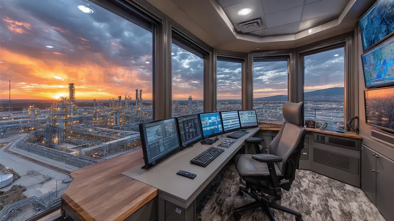 Et moderne kontrolrum med udsigt over et industrielt landskab under en betagende solnedgang. Fremviser teknologi og drift i et dynamisk miljø.