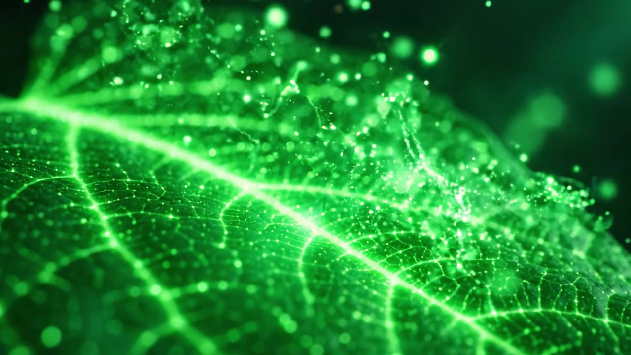 Impresionante Primer Plano de una Hoja Verde Resplandeciente con Patrones Intrincados y Partículas Brillantes, Mostrando la Belleza y Complejidad de la Naturaleza en Detalles Vibrantes.