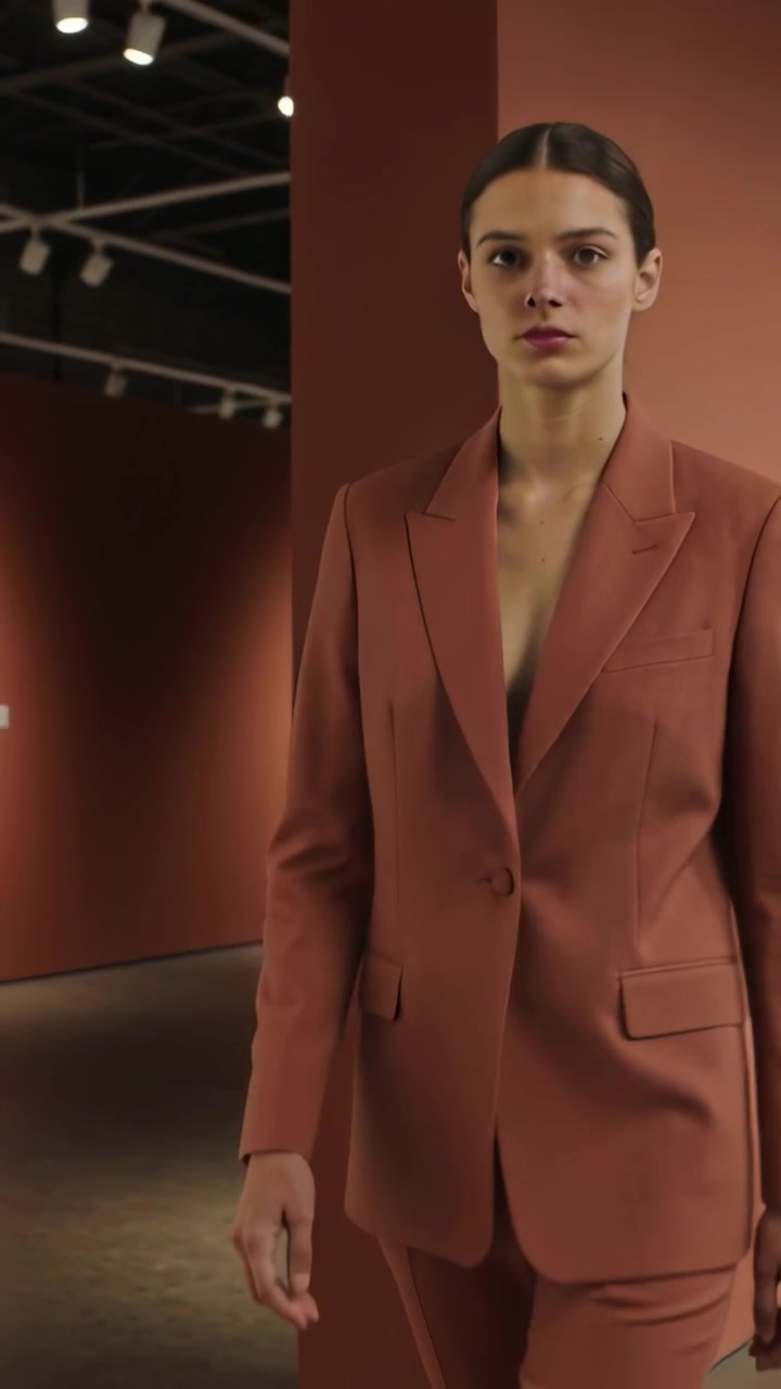 Video verticale: Modella che cammina entrando da destra, passando accanto a un muro di terracotta e indossando un abito color ruggine, con spazio per il testo.