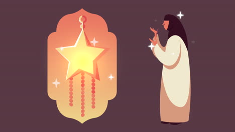 ramadan kareem animation with muslim woman praying and golden star