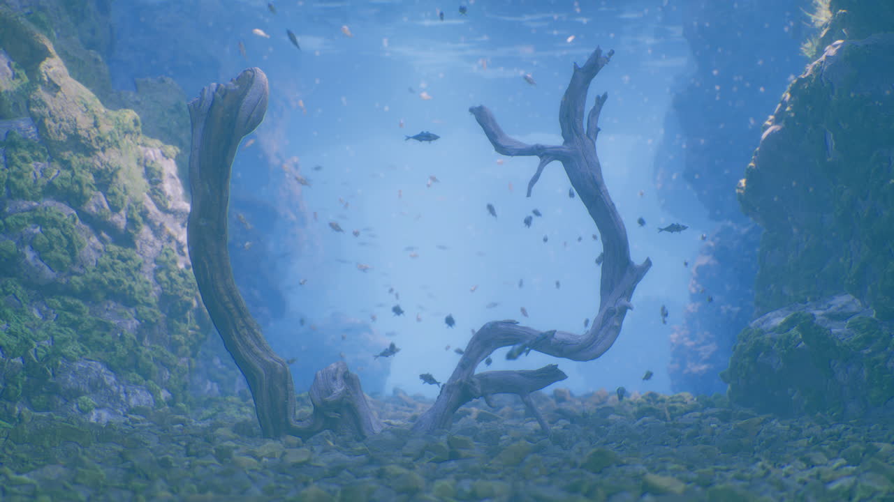 Underwater landscape featuring submerged driftwood and aquatic life
