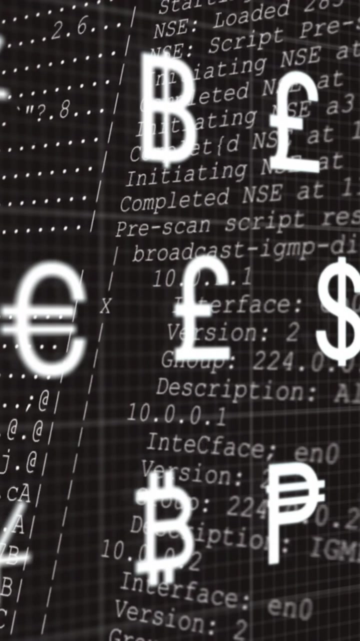 Animation of currency symbols over data processing on black background