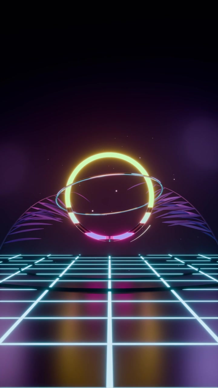 Vertical video: Pulsing glowing orb brightening after light dip on neon grid, with yellow halo