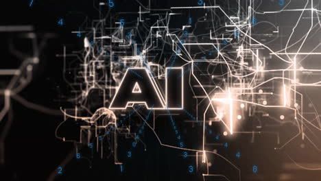 Animation of AI text with glowing digital lines and numbers in abstract design