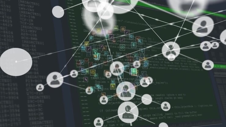 Animation of network of connections with icons over data processing