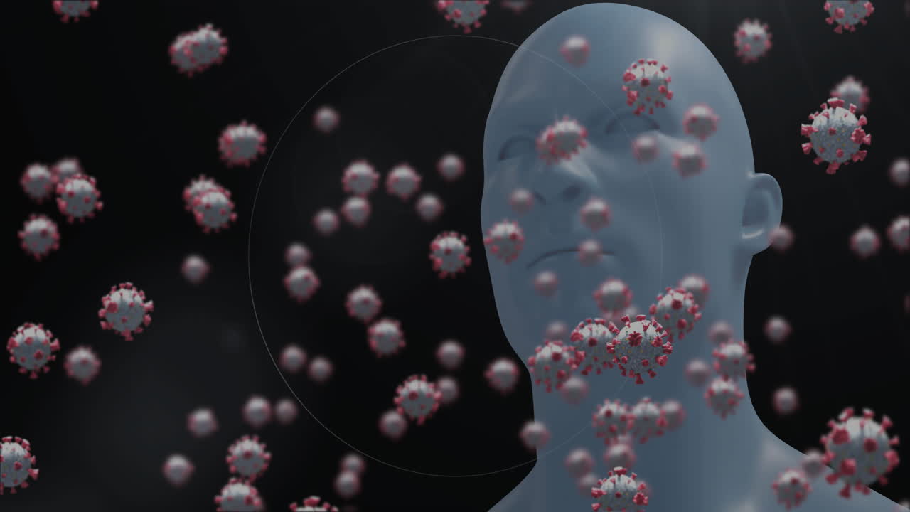 디지털 인체 위에서 바이러스 세포와 원의 애니메이션