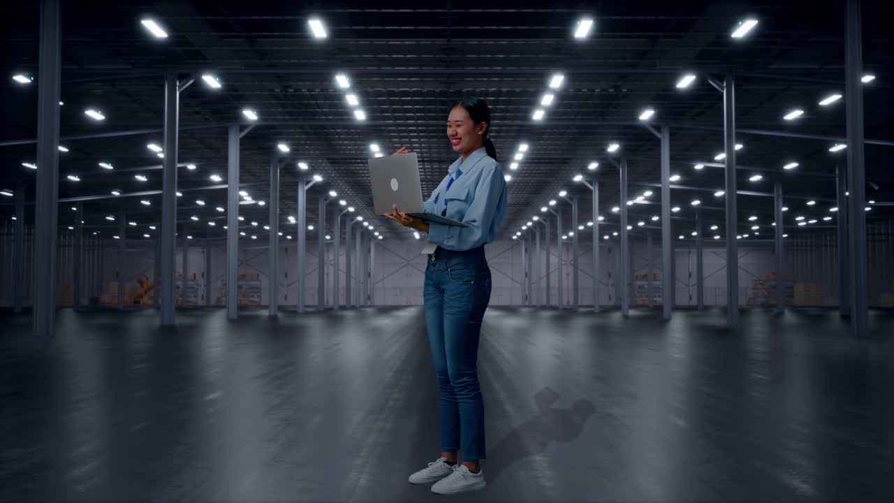 Vista laterale a figura intera di una professionista asiatica con il suo laptop in un magazzino moderno vuoto, che alza il pugno esultando per un obiettivo raggiunto dopo aver digitato sul laptop.