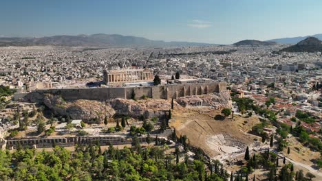 drone footage of athens acropolis, parthenon and surrounding ancient theaters in full daylight, revealing the city's historic heart and urban sprawl.