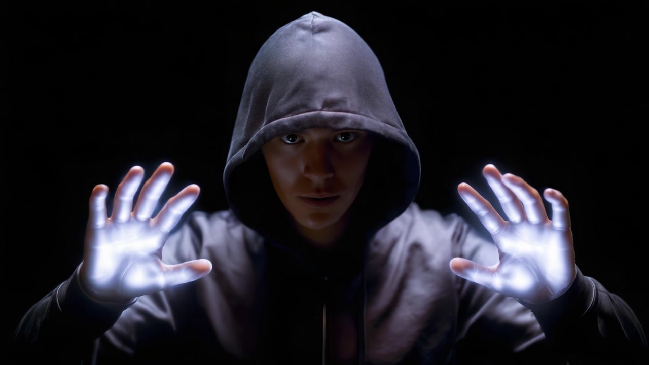 暗いフード付きジャケットをまとった謎の人物が、鮮やかに光る手で光を操り、神秘的な雰囲気を醸し出している。