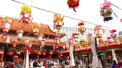 colorful lanterns adorn the temple courtyard