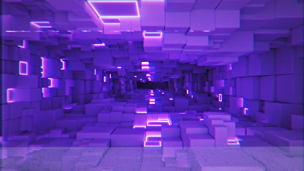 túnel de ondas retro de cubos de neón brillantes bucle sin costuras animación de renderizado en 3d