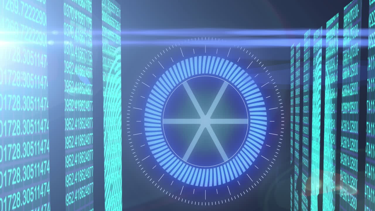 animación del escaneo de alcance y procesamiento de datos sobre huellas dactilares biométricas y servidores informáticos.