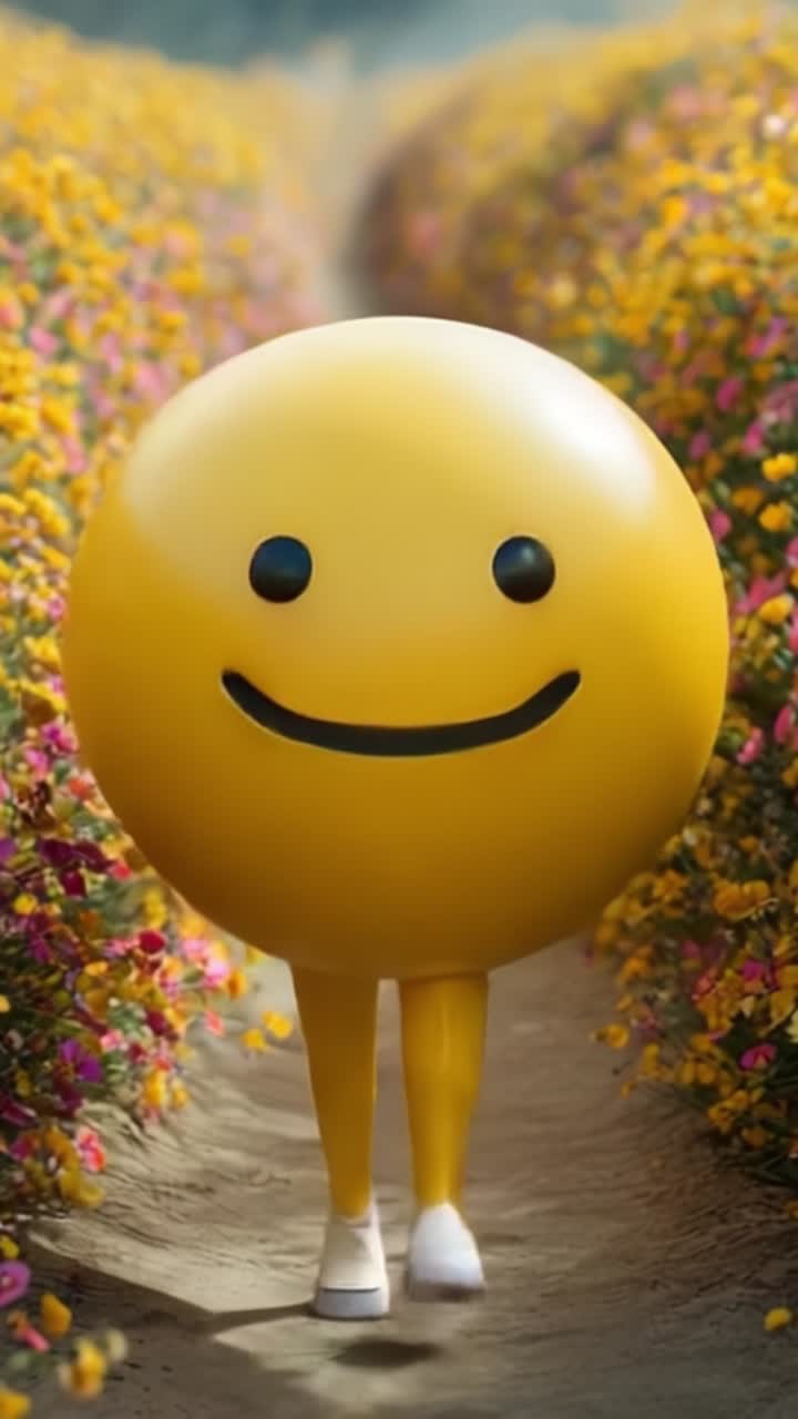 Um personagem de rosto sorridente amarelo e alegre correndo com júbilo por um caminho vibrante cheio de flores, incorporando felicidade e positividade em meio à beleza da natureza