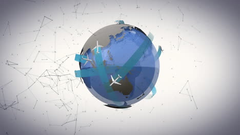 animation of airplanes moving around rotating globe over connected dots against abstract background
