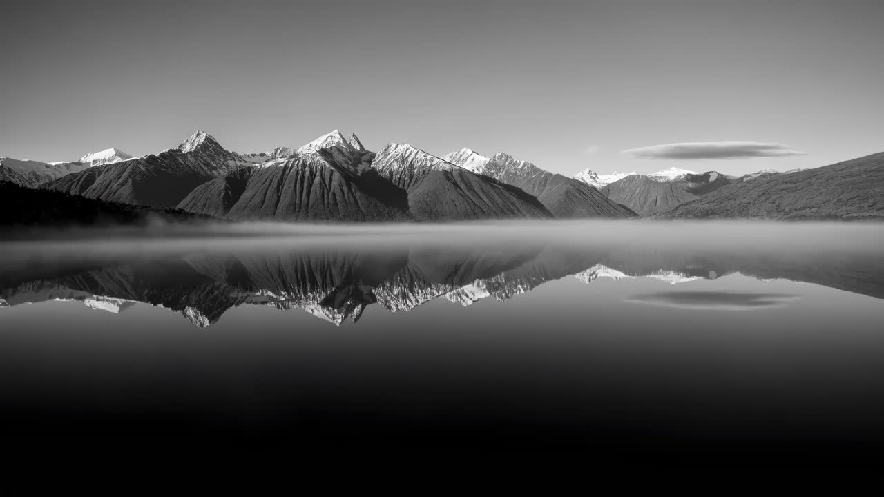 Montanhas Majestosas em Preto e Branco Refletidas em Lago Enevoado