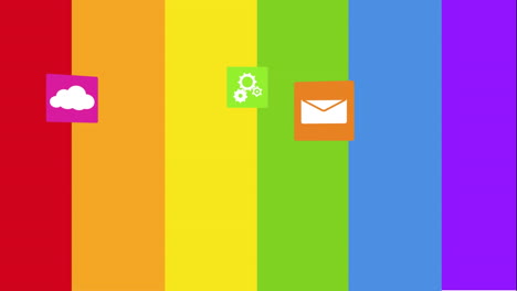 animación de iconos tecnológicos sobre fondo de arco iris