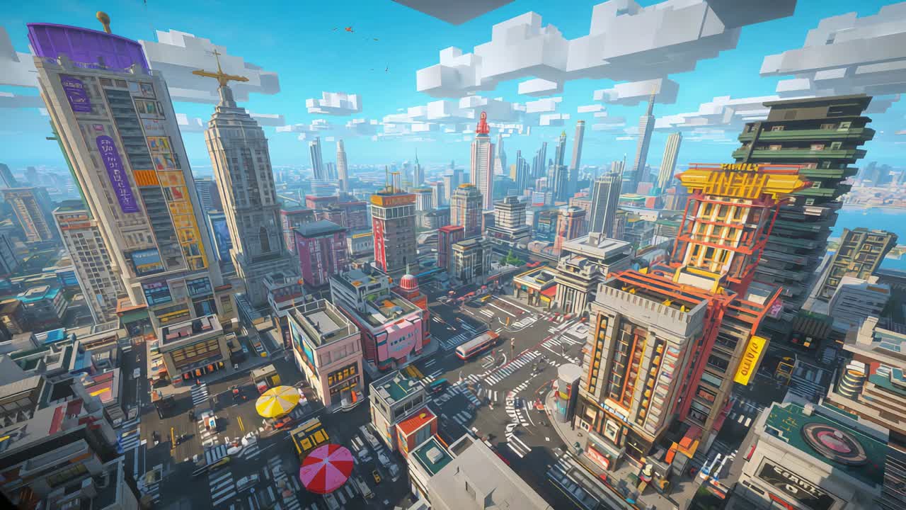 Gliding aerial camera starting forward pan over voxel city, revealing pagoda and roof details