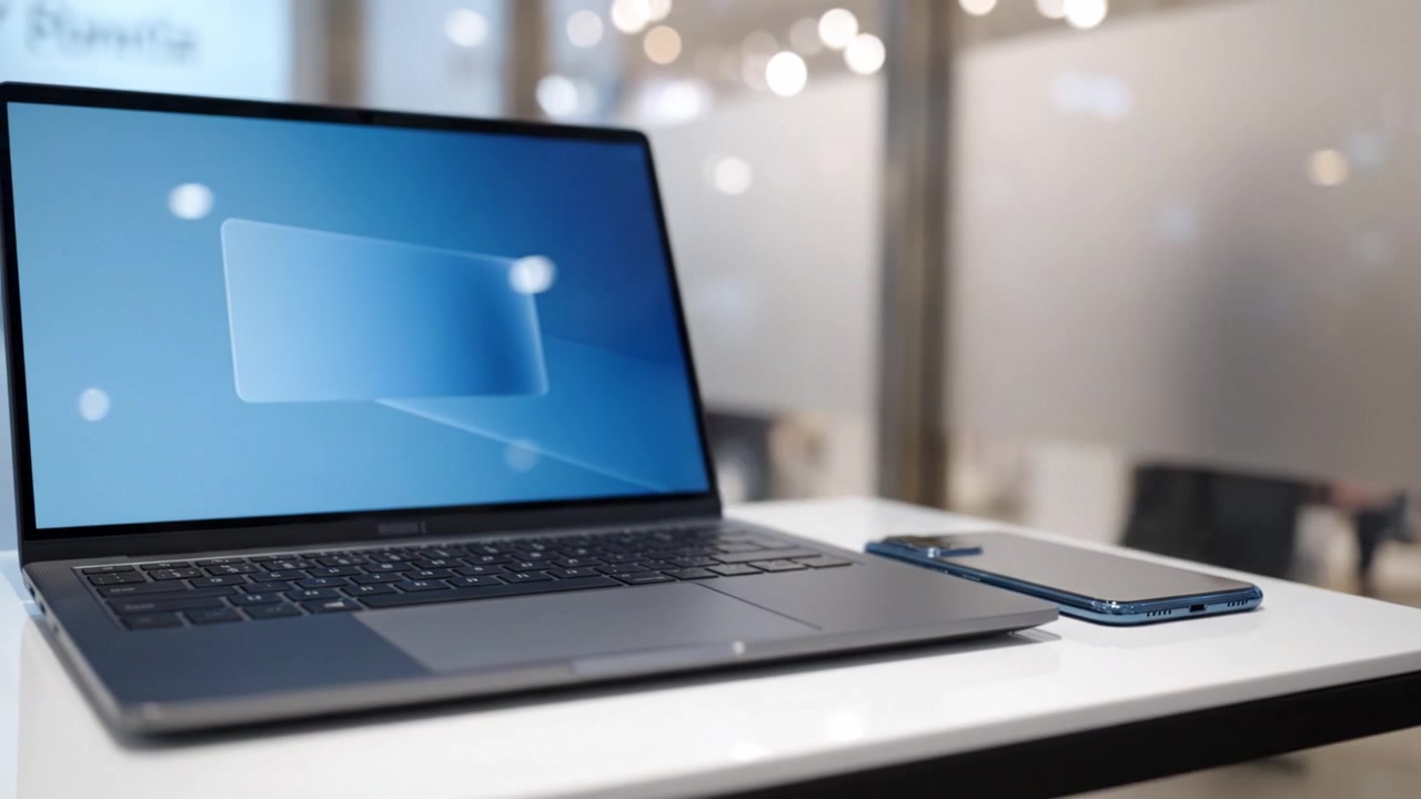 Configurazione moderna dell'area di lavoro con un laptop elegante e uno smartphone su un tavolo minimalista, con uno sfondo sfocato e morbido per una maggiore concentrazione e produttività.