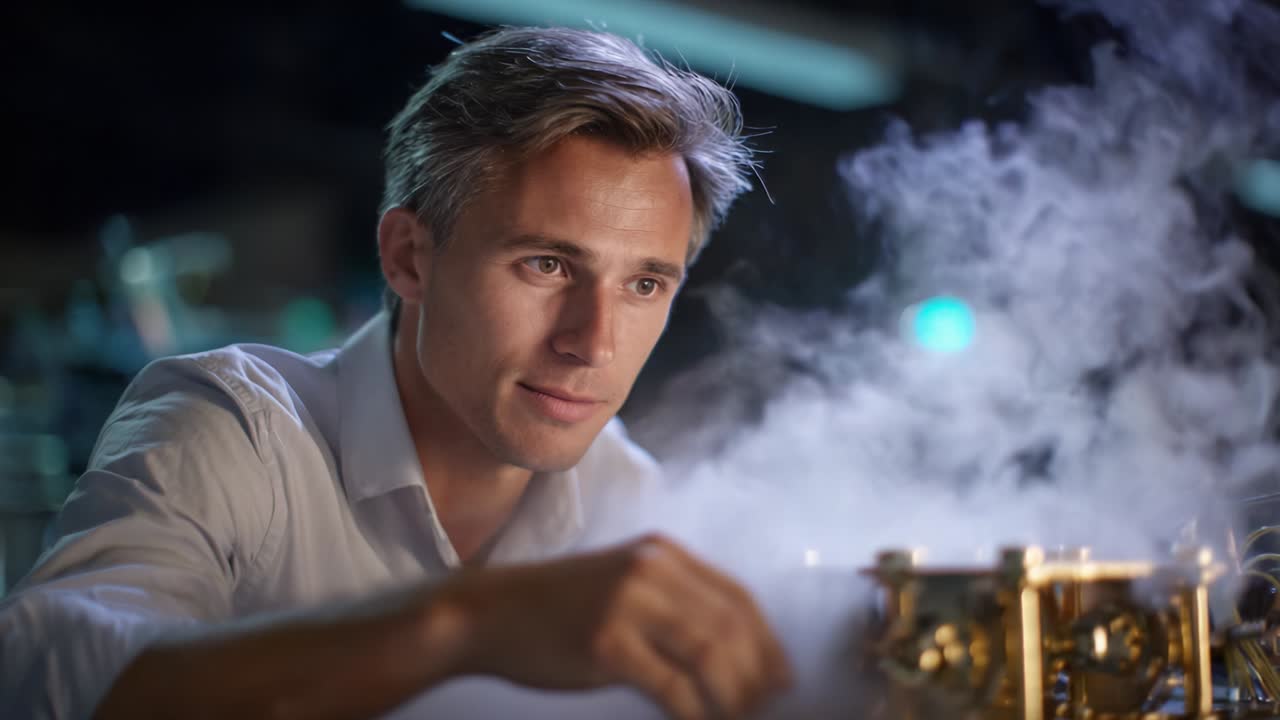 A focused male scientist works meticulously on an intricate machine, examining its detailed components amidst a cloud of steam, highlighting the blend of technology and precision in a dimly lit laboratory