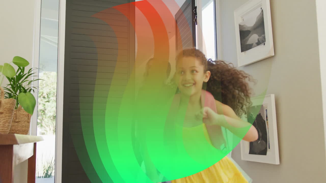 Young girl with backpack running through colorful abstract animation in hallway