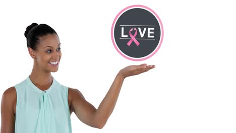 Animation-of-pink-breast-cancer-ribbon-logo-with-love-text-over-young-woman