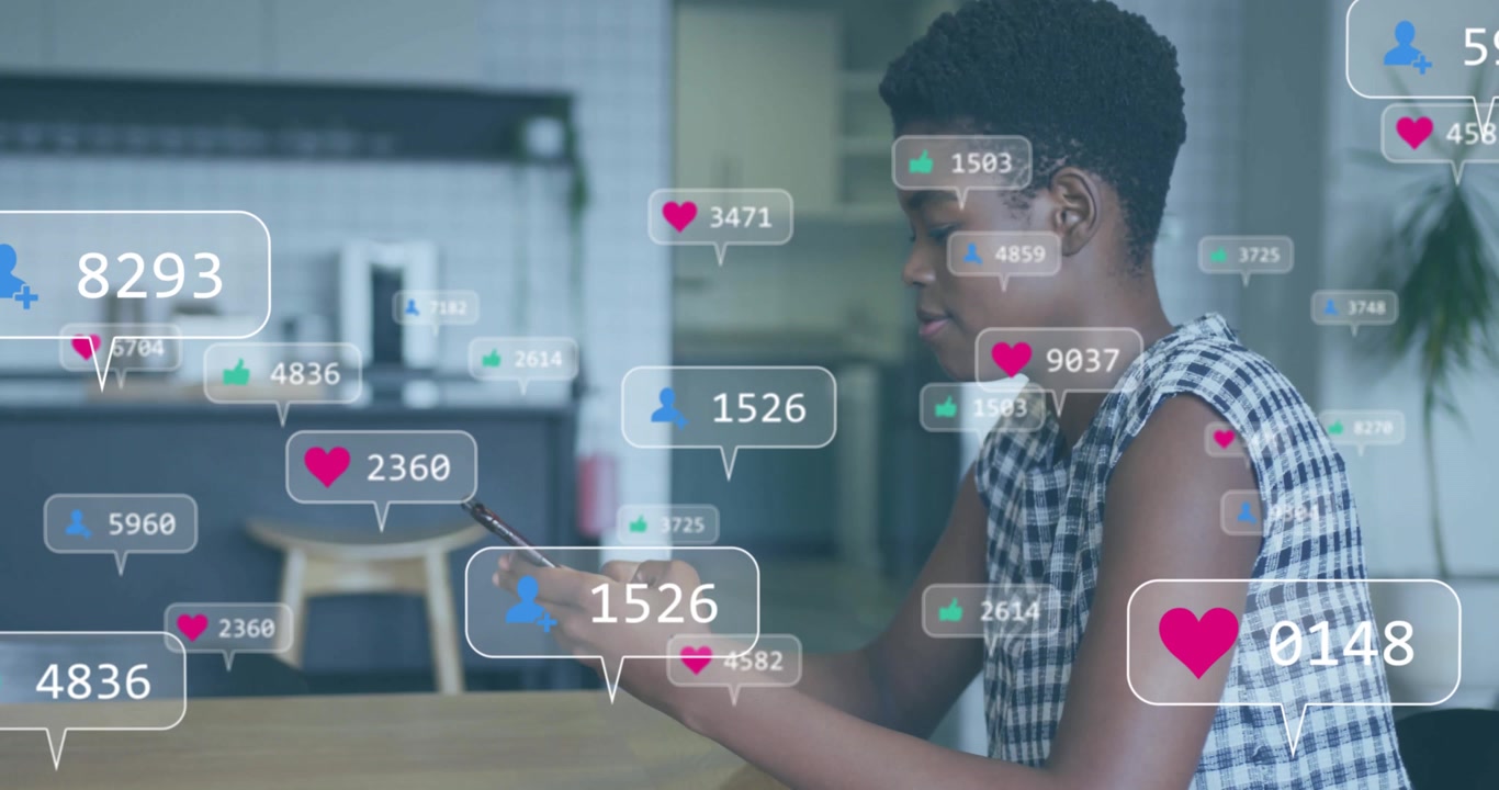 Woman unlocking smartphone checking followers, spawning social media counters rising then fading