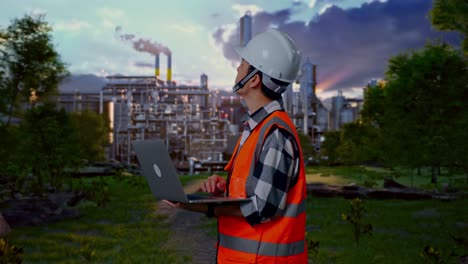 engineer working on a laptop at a plant