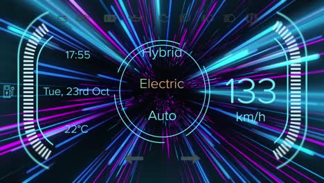 Animation-of-electric-car-icons-over-pink-and-blue-neon-light-trails