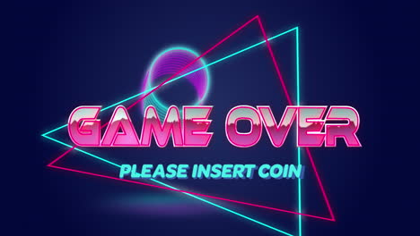 animation of game over text on triangular banner over spiral shape spinning on blue background