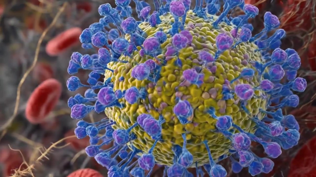Vista microscopica di cellule del sangue e virus