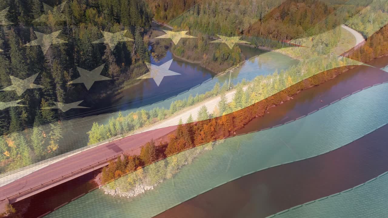 숲 과 강 의 공중 전망 위 에 있는 미국  ⁇ 발 의 애니메이션