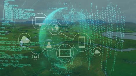 3D digital network globe floating above farmland, connecting tech icon nodes with streaming code