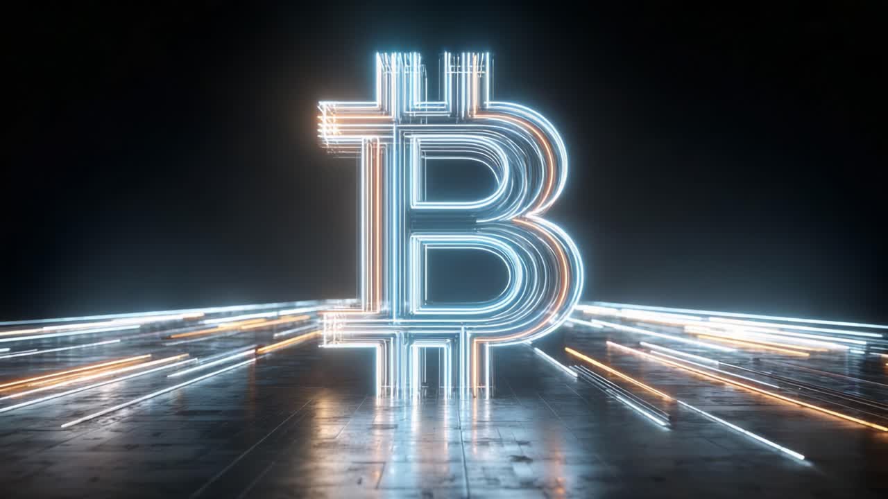 Futuristic Neon Bitcoin Symbol Illuminates Dark Background as Digital Currency Representation with Motion Blur Effects Emphasizing Modern Technology Trends