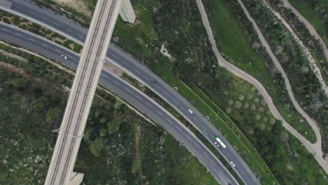 top down view of a main road and a railway bridge in a green area