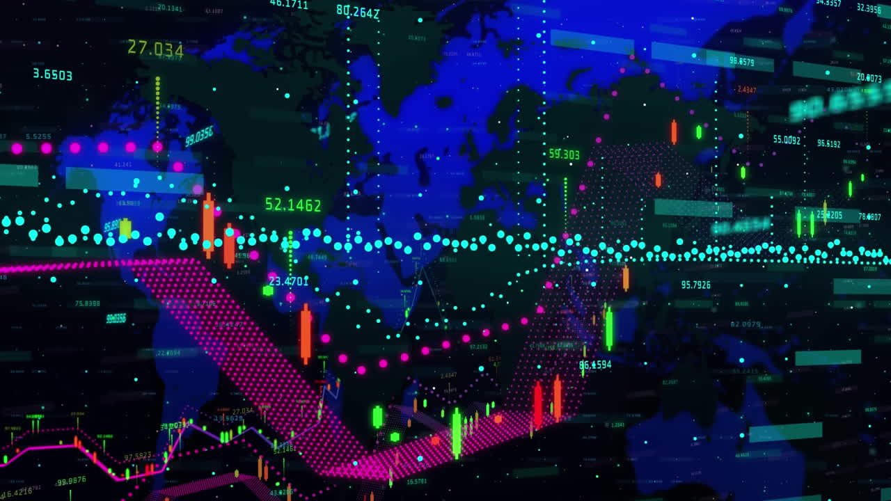 검은색 배경에 대한 세계 지도 위의 금융 데이터 처리의 애니메이션