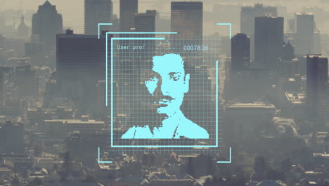 animación de cambios de iconos de perfil contra la vista aérea del paisaje urbano.