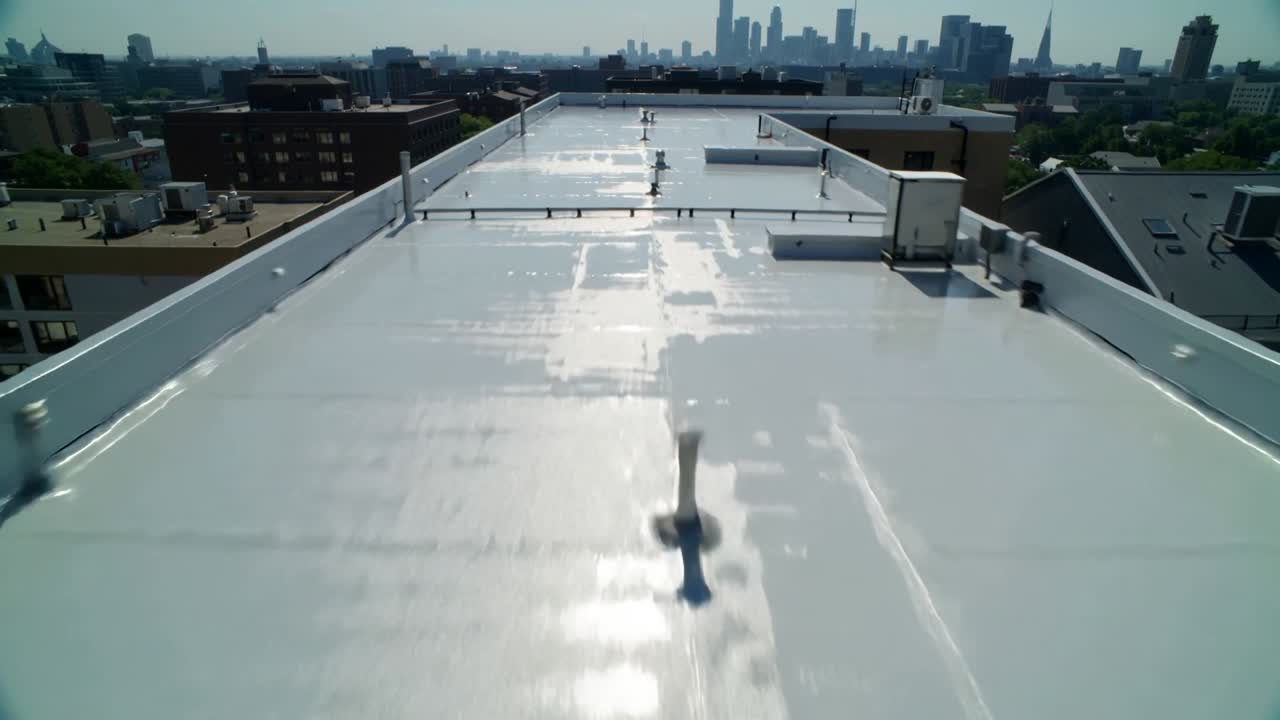 Moving camera pushing forward from near roof edge revealing flat white rooftop with vents, skyline