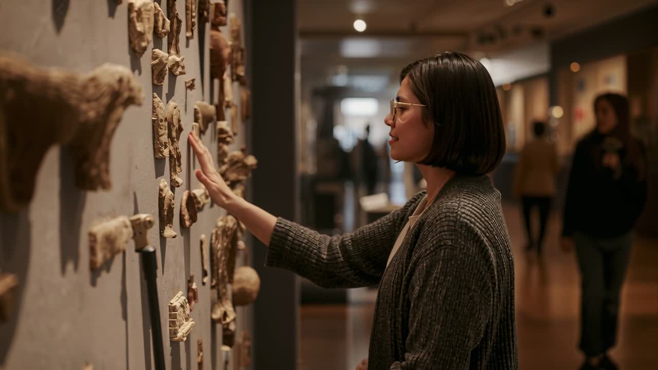 Mulher de cardigã e óculos observando arte de parede, traçando detalhes e verificando peças em uma galeria, com espaço para cópia.