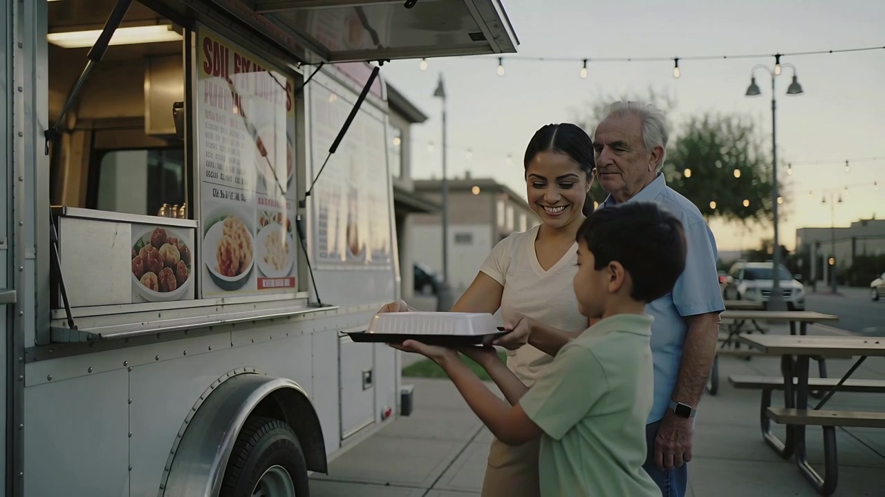 Receiving vendor handing tray, woman taking it at plaza food truck, passing to boy for seating