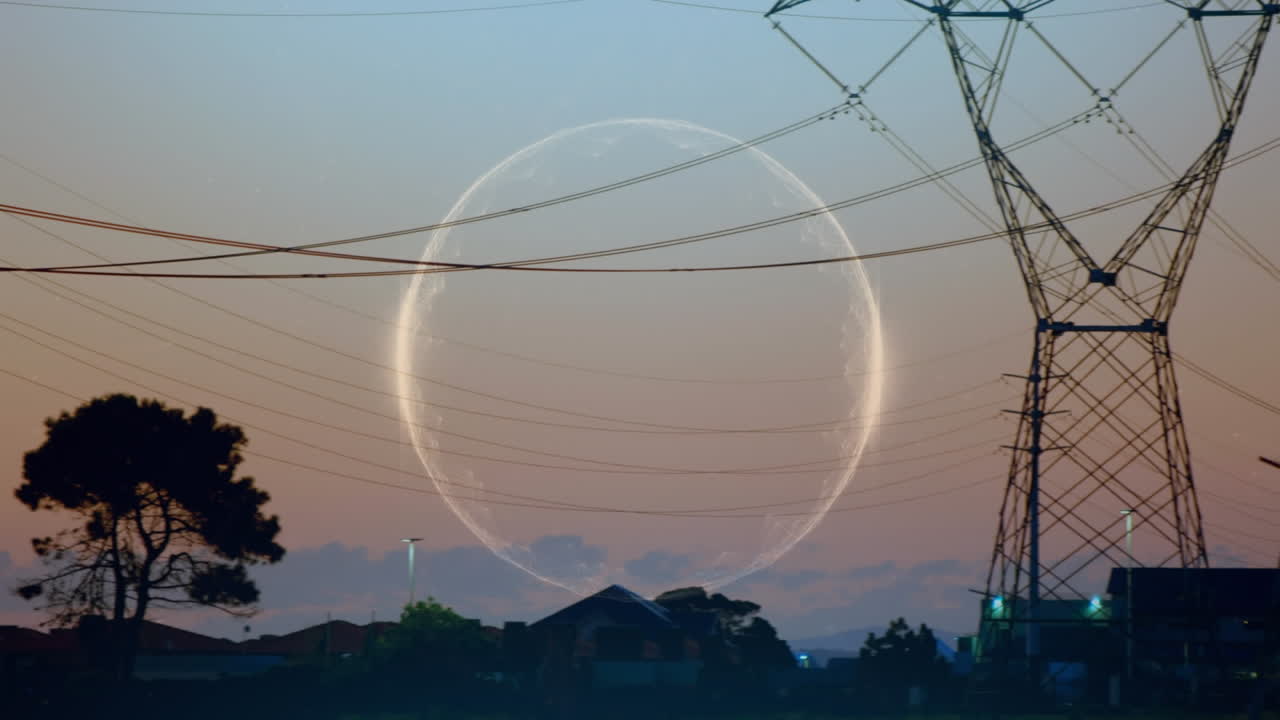 Animation of circle over landscape with electricity pylons
