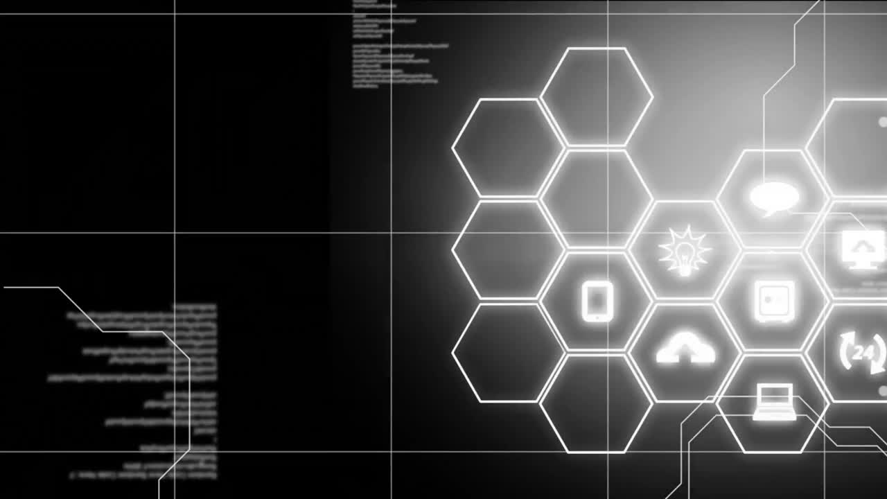 Animazione di elaborazione dati e icone multimediali su sfondo nero