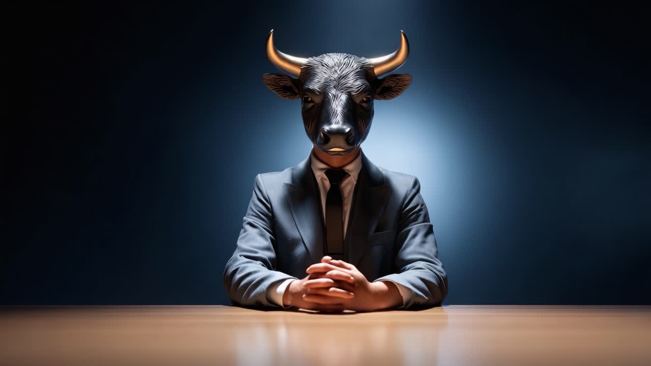 Eine mysteriöse Figur im Anzug mit Stiermaske sitzt an einem Tisch in dunkler Umgebung, weckt Intrigen und symbolisiert Macht und Autorität.